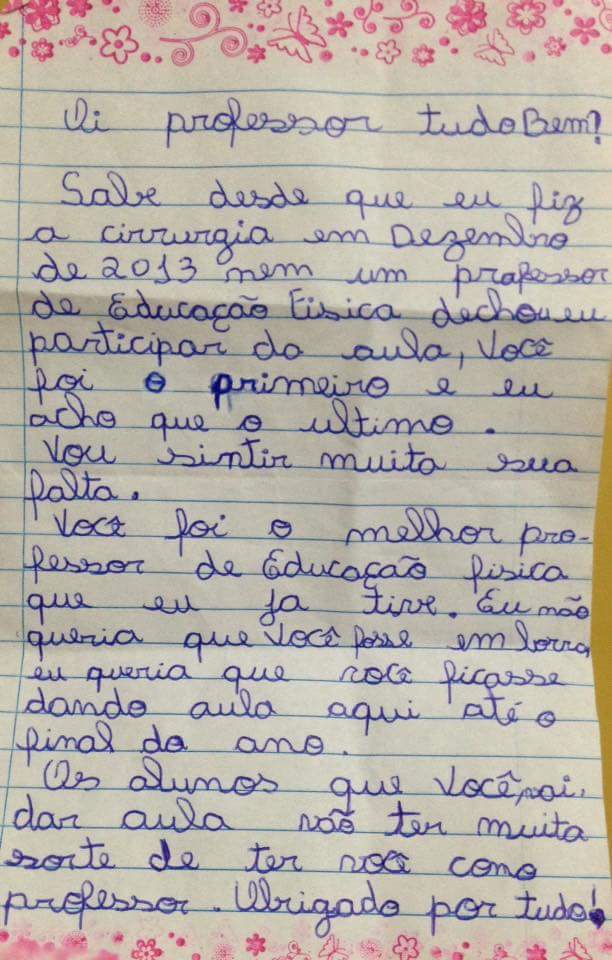 Leia carta emocionante de uma aluna especial para 