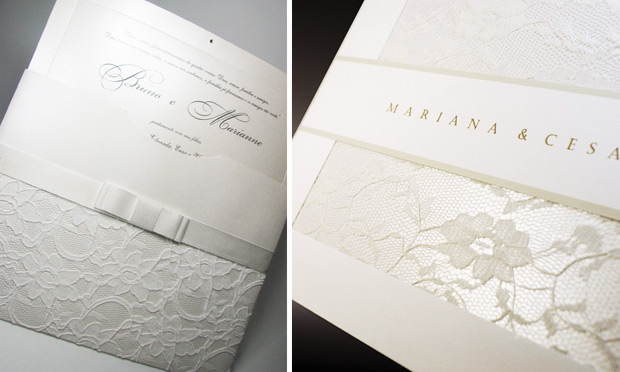 Convite de casamento com acabamento em tecido no envelope
