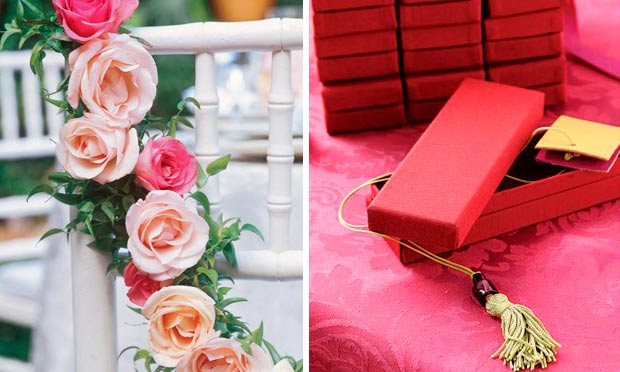 Lembrancinha em rosa pink e guirlanda de rosas enfeitando assento da cadeira Lembrancinha em rosa pink e guirlanda de rosas enfeitando assento da cadeira