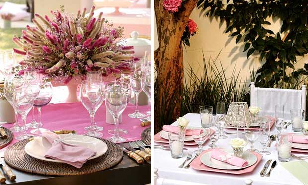 Decorações em tons rosa e lilás, com sousplat de palha