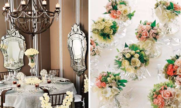 Ambiente decorado com espelhos, em tom marrom e flores brancas e minibuquês de rosas