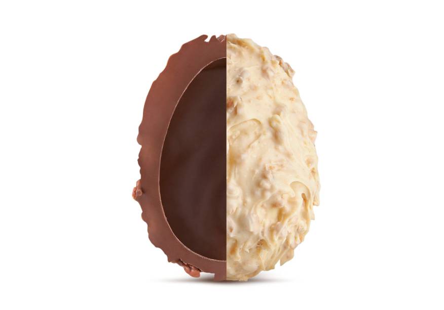 Ovo Crocante Meio a Meio (120g) de chocolate ao leite e branco com crocantes com bombons, Munik, R$ 18,50*