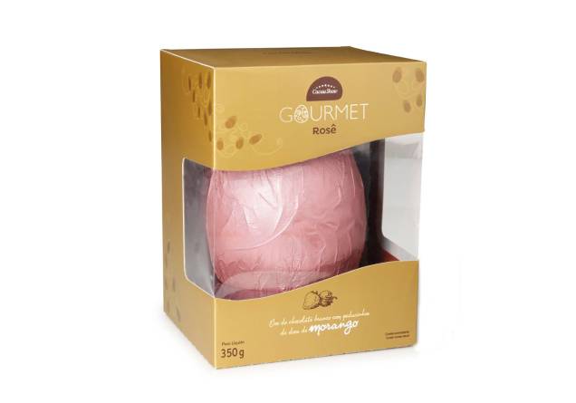 Ovo Gourmet Rosê (330g) de chocolate branco com pedaços de geleia de morango, Cacau Show, a partir de R$ 42,90* Ovo Gourmet Rosê (330g) de chocolate branco com pedaços de geleia de morango, Cacau Show, a partir de R$ 42,90*