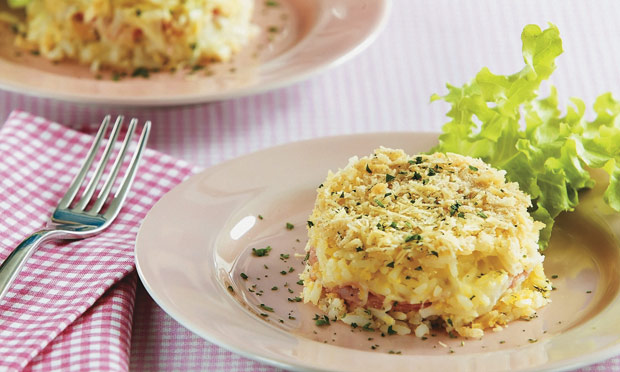 Arroz de forno com presunto e mussarela