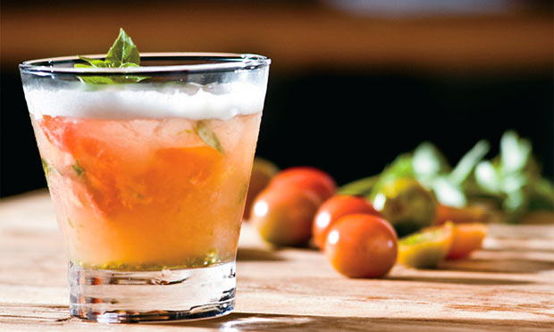 Drinque de tomate, manjericão e limão siciliano