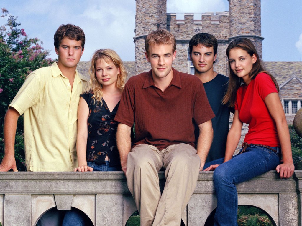 DAWSON'S CREEK Pictured (left to right): Joshua Jackson as Pacey Witter, Michelle Williams as Jennifer Lindley, James Van Der Beek as Dawson Leery, Kerr Smith as Jack McPhee, Katie Holmes as Joey Potter Photo Credit: © The WB / Andrew Eccles