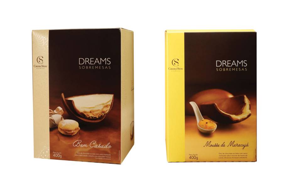 Ovo recheado linha Dreams, sabores Mousse de Maracujá e Bem-casado, Cacau Show. R$49,90 cada.