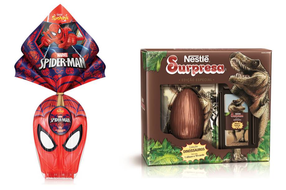 1. Ovo Homem Aranha, 150g, Nestlé. R$42,90

2. Ovo Surpresa, 150g, Nestlé. R$45,90.