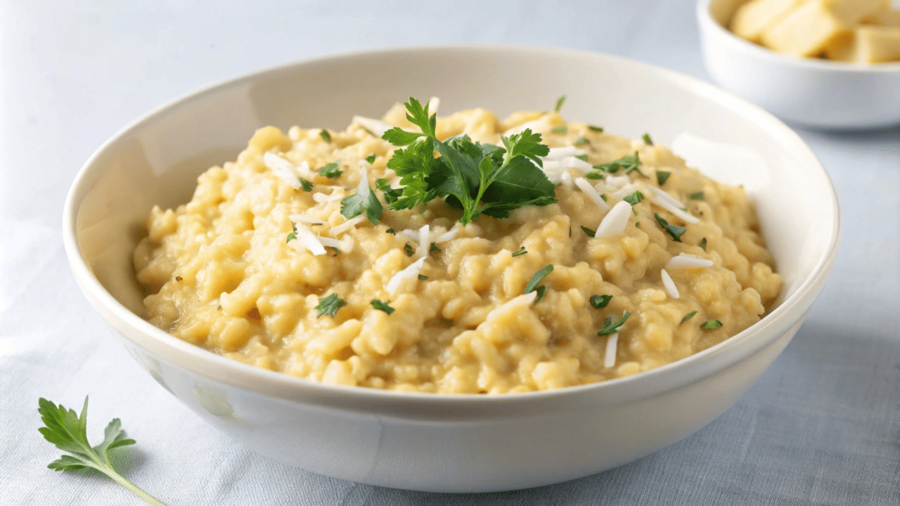 Prato de arroz cremoso servido à mesa.
