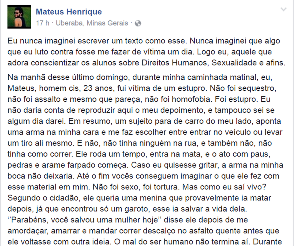 Relato de Mateus no Facebook