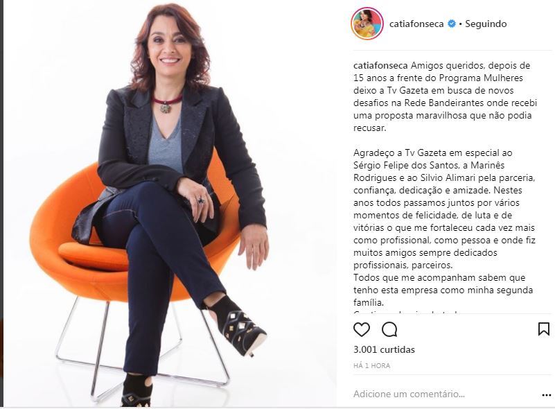 Catia Fonseca anuncia sua saída do programa "Mulheres" em post no Instagram