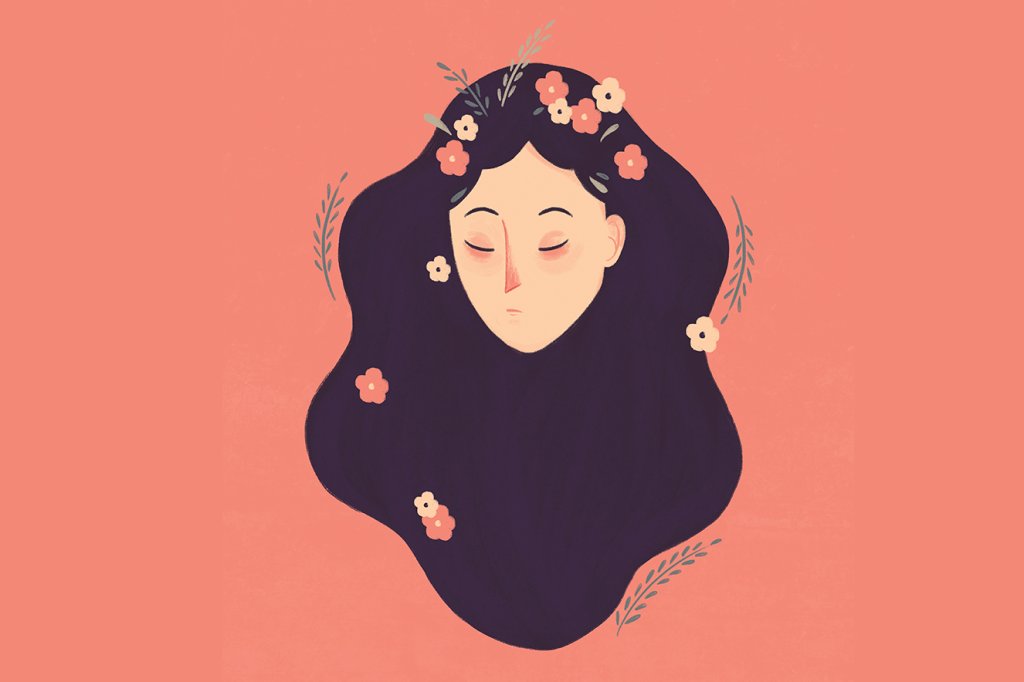 Ilustração de uma mulher com flores no cabelo, representando o signo de Virgem