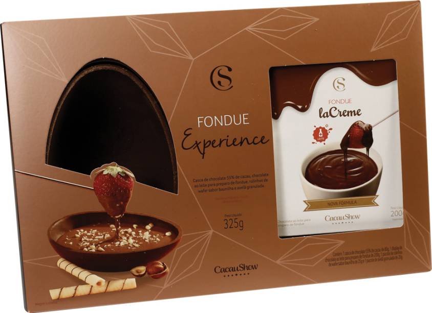 Fondue Experience (325 g):  chocolate la Creme ao leite derretendo em uma casca 55%, composto por uma casca de ovo 55% cacau e fondue la Creme. O kit conta com canudinhos de wafer e avelã picada para servir com frutas. A partir de R$ 49,90.