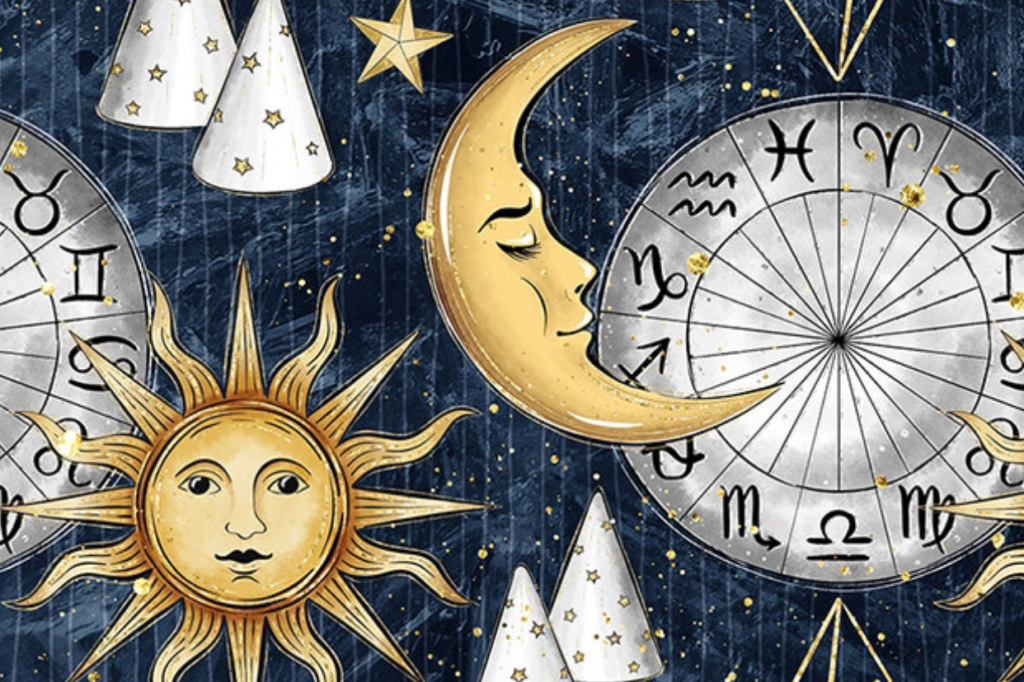 Ilustração com símbolos do horóscopo e dos astros