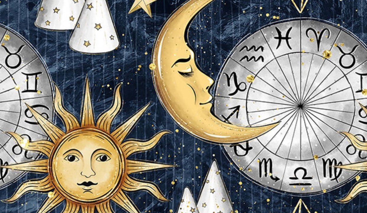 Ilustração com símbolos do horóscopo e dos astros