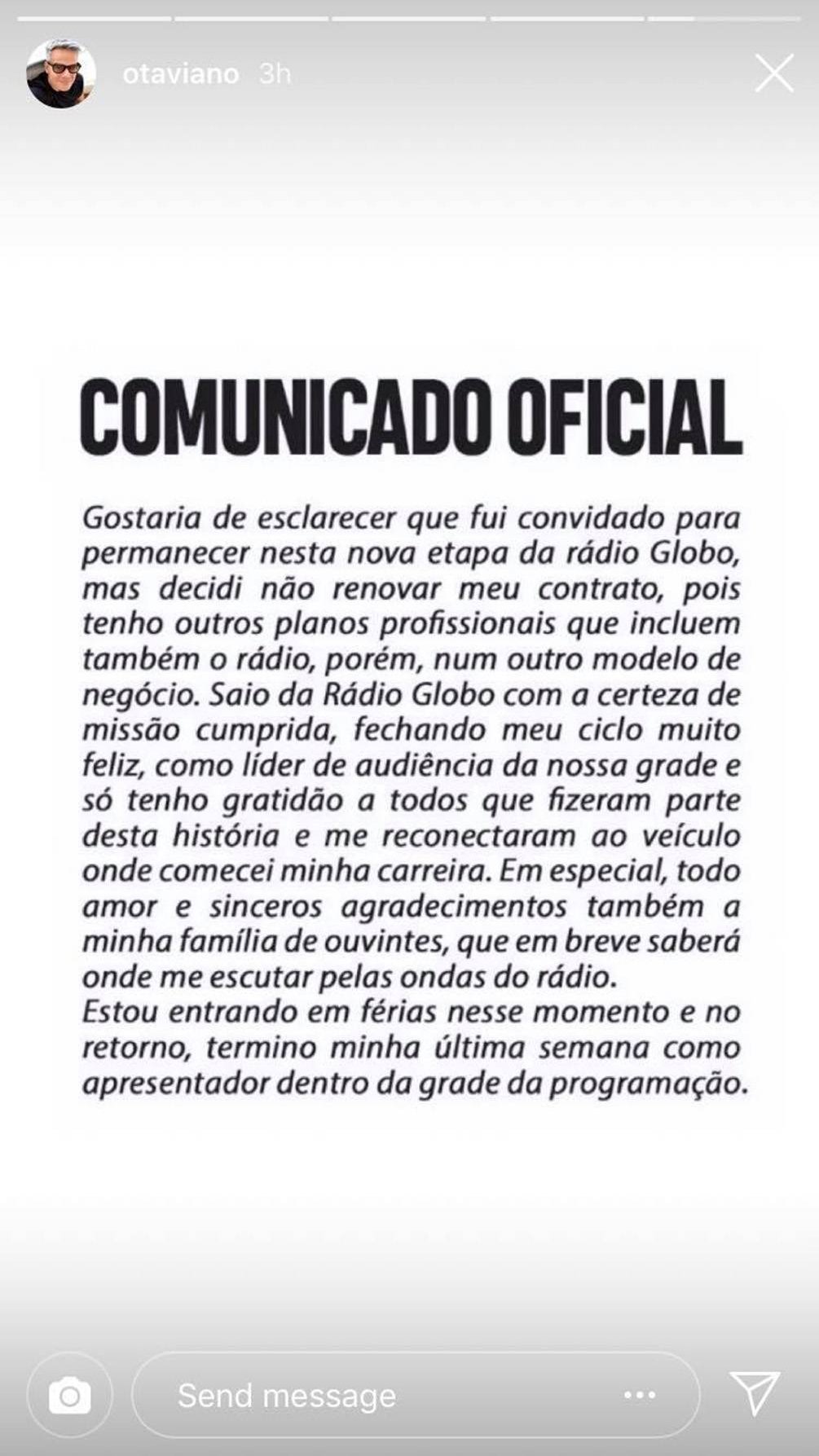 Comunicado de Otaviano Costa sobre sua saída da Rádio Globo.