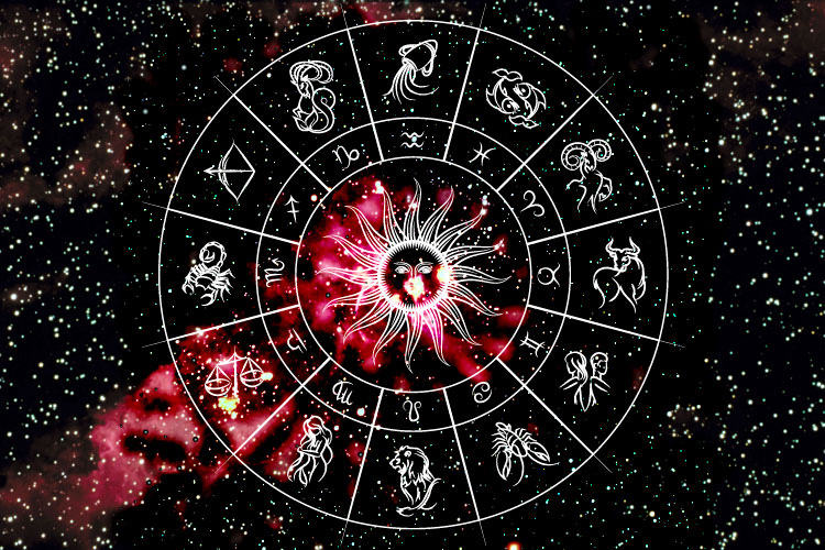 Ilustração dos símbolos do zodíaco contra uma galáxia