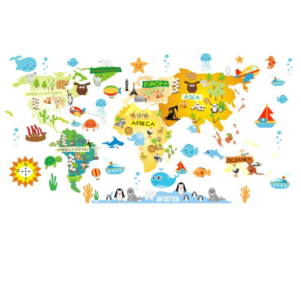 Adesivo de parede Mapa Mundi. <a href="https://www.americanas.com.br/produto/23474691/adesivo-infantil-mapa-mundi-papel-de-parede-zoo-animais-m07?cor=colorido" target="_blank" rel="noopener">Americanas</a>, R$ 119