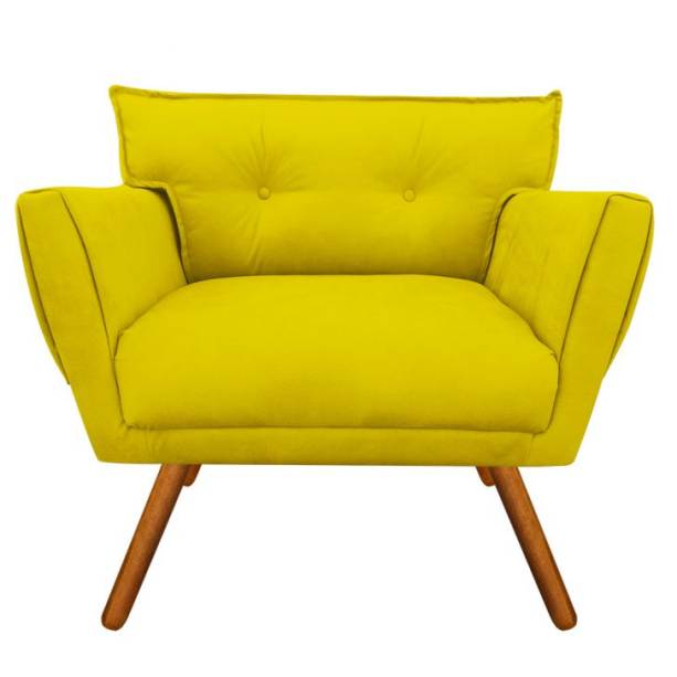 Poltrona Anitta, com pés de eucalipto e acabamento de suede amarelo. Mede 80 x 65 x 83 cm. <a href="https://www.pontofrio.com.br/Moveis/SaladeEstar/Poltronas/poltrona-decorativa-anitta-suede-amarelo-drossi-13859843.html?utm_medium=cpc&utm_source=gp_pla&IdSku=13859843&idLojista=21862%26utm_campaign%3DMove_Sala_de_Estar_Shopping&gclid=EAIaIQobChMIj6jFoNXI4QIVFAWRCh1DCg6YEAYYAyABEgKujvD_BwE" target="_blank" rel="noopener">PontoFrio.com</a>, R$ 399,90