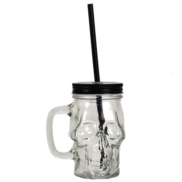 Caneca Caveira (400 ml), de vidro com tampa. <a href="https://www.magazine25.com.br/p/caneca-caveira-de-vidro-com-tampa-e-canudo---400ml" target="_blank" rel="noopener">Magazine 25</a>, R$ 15,22