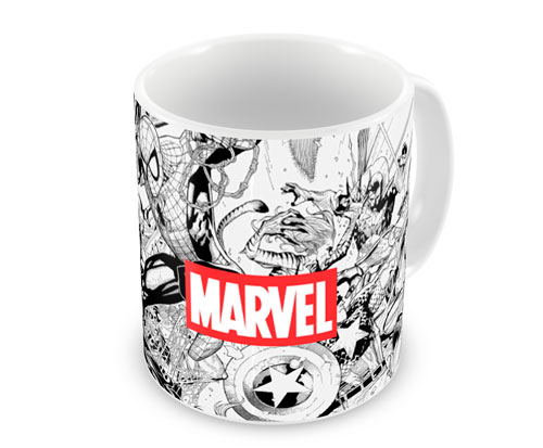 Caneca Marvel, de porcelana, com capacidade para 325 ml. <a href="https://www.artgeek.com.br/comics/caneca-marvel-comics-pb-i/1412" target="_blank" rel="noopener">Artgeek</a>, R$ 28,90