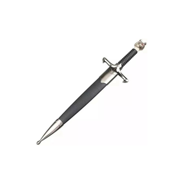 Espada Decorativa Game of Thrones - Jon Snow, de metal, com 40 cm de comprimento. <a href="https://www.magazineluiza.com.br/espada-decorativa-game-of-thrones-jon-snow-40cm-retro-vintage/p/ffdde2h3c8/ga/cois/?&utm_source=google&partner_id=25495&seller_id=retrovintagepresentes&product_group_id=488586102952&ad_group_id=48543699995&aw_viq=pla&gclid=EAIaIQobChMI8_mhuqLI4QIVSgeRCh39EAB4EAQYByABEgK3RfD_BwE" target="_blank" rel="noopener">Magazine Luiza</a>, R$ 90,29