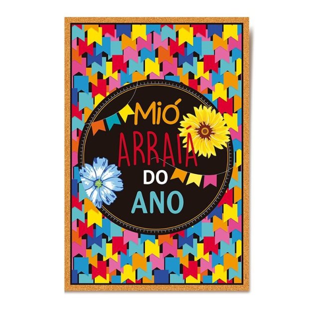Cartaz Arraiá, de papel-cartão colorido, 34 x 47 cm. <a href="https://www.silvanofestas.com.br/cartaz-decorativo-para-porta-festa-junina-arraia-cromus" target="_blank" rel="noopener">Silvano Festas</a>, R$ 9,40
