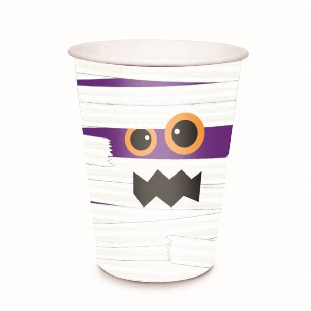 Copo Cromus Múmia (240 ml), de papel. <a href="https://www.americanas.com.br/produto/16411560/copo-de-papel-240ml-cromus-mumia-halloween-c-8-unidades?pfm_carac=halloween&pfm_index=10&pfm_page=search&pfm_pos=grid&pfm_type=search_page%20" target="_blank" rel="noopener">Americanas.com</a>, R$ 15,74 com 8 unidades