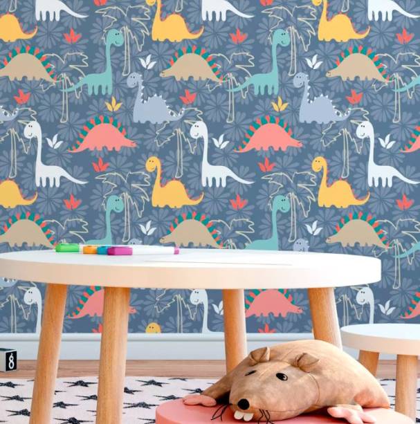 Papel de parede adesivo Dinossauros. <a href="https://www.bemcolar.com/papel-de-parede-infantil-dinossauros.html" target="_blank" rel="noopener">Bemcolar</a>, R$ 39,89