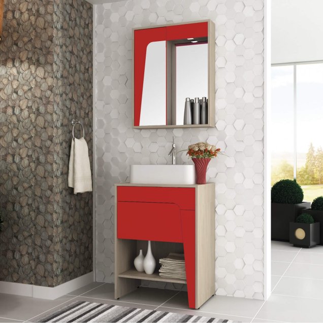 Conjunto Elisa, com gabinete e espelheira, da Bosi, de MDF, medidas 60 x 43 x 81 cm (gabinete) e 60 x 14x 75 cm (armário superior). <a href="https://www.optemais.com.br/Catalogo/Catalogo/Produto/1/46/5646819/casa-e-decoracao/banheiros/gabinetes/conjunto-para-banheiro-elisa-i-taeda-e-vermelho" target="_blank" rel="noopener">Opte+</a>, R$ 996,99