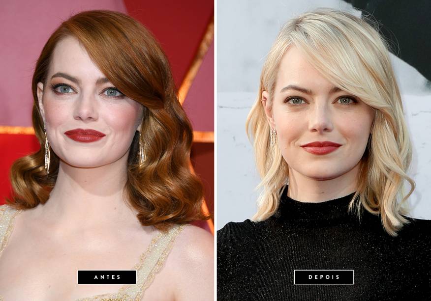 <strong>Junho de 2017 // Emma Stone</strong> - depois de uma longa fase ruiva, que incluiu quando ela recebeu a estatueta de Melhor Atriz no Oscar 2017 por seu papel em <em>La La Land</em>, a atriz resolveu mudar a cor de suas madeixas e voltar para o loiro platinado, bem parecido com o tom que desfilou durante as gravações de <span><em>O Espetacular Homem-Aranha</em>, onde interpretou Gwen Stacy. </span>É incrível como Emma fica linda com qualquer cor de cabelo!