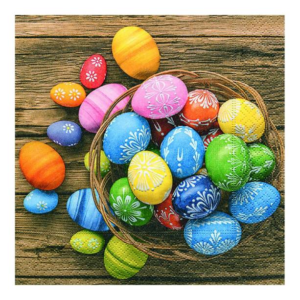 Guardanapo Dyed Eggs, de 33 x 33 cm. <a href="https://www.amazon.com.br/Guardanapo-Paper-Design-Multicor-Papel/dp/B01N6R4DA3?tag=goog0ef-20&smid=A1ZZFT5FULY4LN&ascsubtag=go_1019226211_53775367607_240148954733_pla-299461972068_c_" target="_blank" rel="noopener">Amazon</a>, R$ 19,72