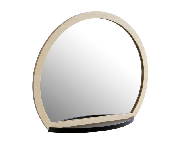 Espelho Pirueta, com miniprateleira, com moldura de MDF (50 x 60 cm). <a href="https://www.oppa.com.br/principal/especiais/espelho-de-parede-pirueta-trigo" target="_blank" rel="noopener">Oppa</a>, R$ 269,99