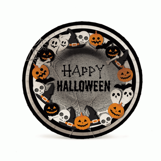 Petisqueira Happy Halloween, 18 cm de diâmetro, de papel-cartão.<a href="https://festapratica.com/products/petisqueira-18cm-happy-halloween-c-8-cromus-festas" target="_blank" rel="noopener"> Festa Prática</a>, R$ 17,90 (kit com oito)