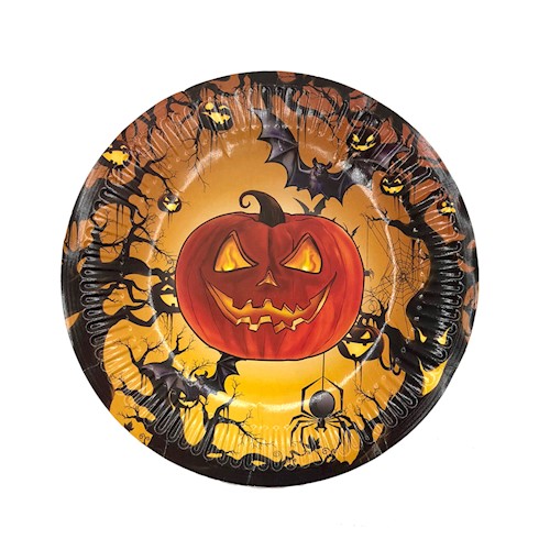 Prato de papel, 18 cm de diâmetro. <a href="https://www.maxfesta.com.br/prato-halloween-08-unidades-29498/p" target="_blank" rel="noopener">Max Festa</a>, R$ 8,70 com 8 unidades