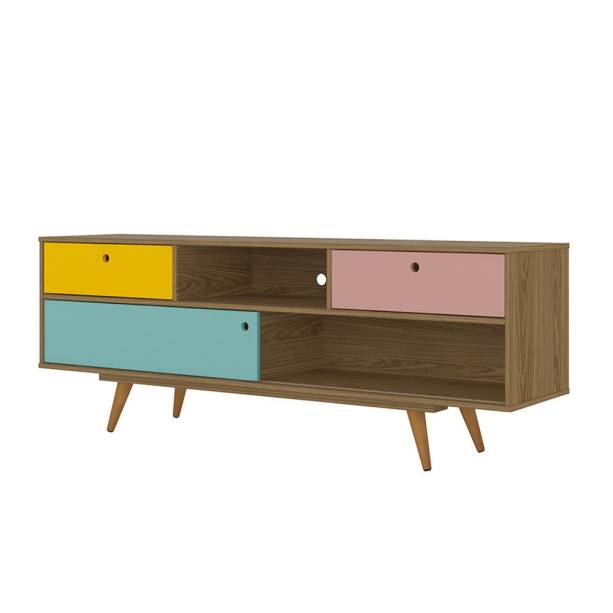 Rack Retrô Color, de MDP e MDF com acabamento UV, nas medidas 1,62 x 0,38 x 0,59 m. <a href="https://www.madeiramadeira.com.br/rack-retro-color-mel-freijo-ac-rose-ac-turquesa-ac-amarelo-ac-2151900.html?origem=pla-2151900&utm_source=google&utm_medium=cpc&utm_content=rack-para-sala-de-estar-854&utm_term=2151900&gclid=EAIaIQobChMIibWd5eKR5QIVUuDICh2lWw71EAQYGyABEgItqvD_BwE" target="_blank" rel="noopener">MadeiraMadeira</a>, R$ 364,96