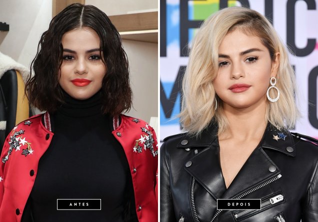 <strong>Novembro de 2017 // Selena Gomez </strong>- após fazer um transplante de rim devido ao lúpus, a cantora se afastou dos palcos durante meses, mas, para sua volta, planejou um visual bombástico. Para sua performance de Wolves, no palco do American Music Awards, Selena desfilou cabelos descoloridos com pegada messy.