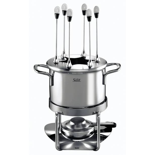 Aparelho Silit Mondo, de aço inox, com 6 garfos. <a href="https://www.casasbahia.com.br/utilidadesdomesticas/rechaudefondue/aparelhosdefondue/fondue-silit-mondo-com-6-garfos-5188415.html" target="_blank" rel="noopener">Casas Bahia</a>, R$ 772