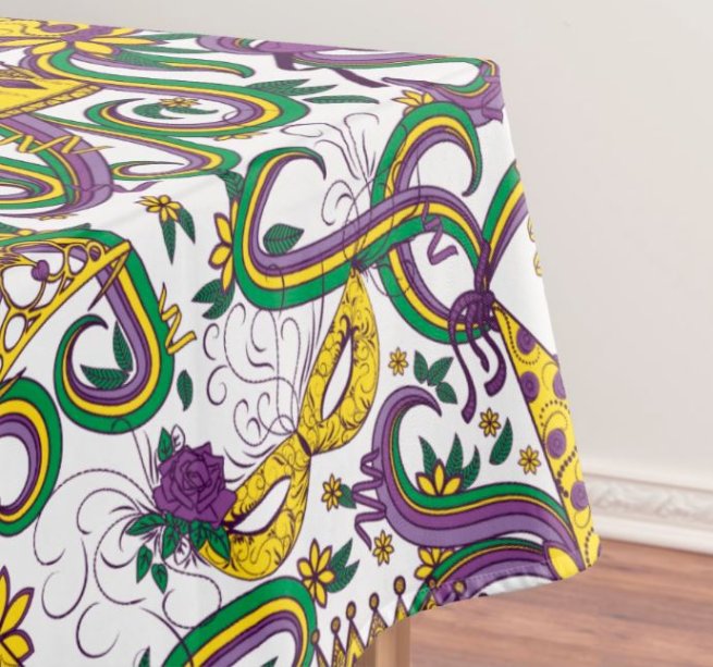 Toalha de mesa Tablecloth Carnaval, de 1,32 x 1,77 m, 100% algodão. <a href="https://www.zazzle.com.br/toalha_de_mesa_tablecloth_do_carnaval-256566236127014952" target="_blank" rel="noopener">Zazzle</a>, R$ 382