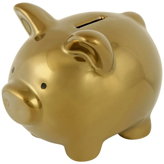 Cofre dourado Pig Rich, de 11 x 13 cm. <a href="https://www.tokstok.com.br/cofre-mini-11-cm-prata-pig-rich/p?idsku=293207&gclid=EAIaIQobChMI8ODqz4Ki4AIVEAaRCh2hoAcWEAYYASABEgLPTfD_BwE" target="_blank" rel="noopener">Tok&Stok</a>, R$ 29,90