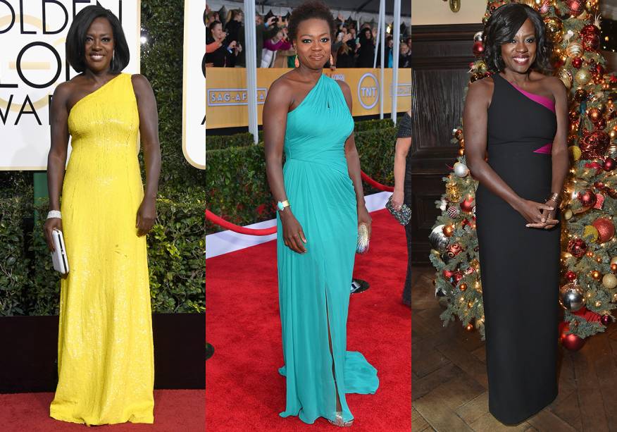 <strong>Viola Davis // decote de um ombro só </strong>- as versões em cores sólidas são as favoritas da atriz.