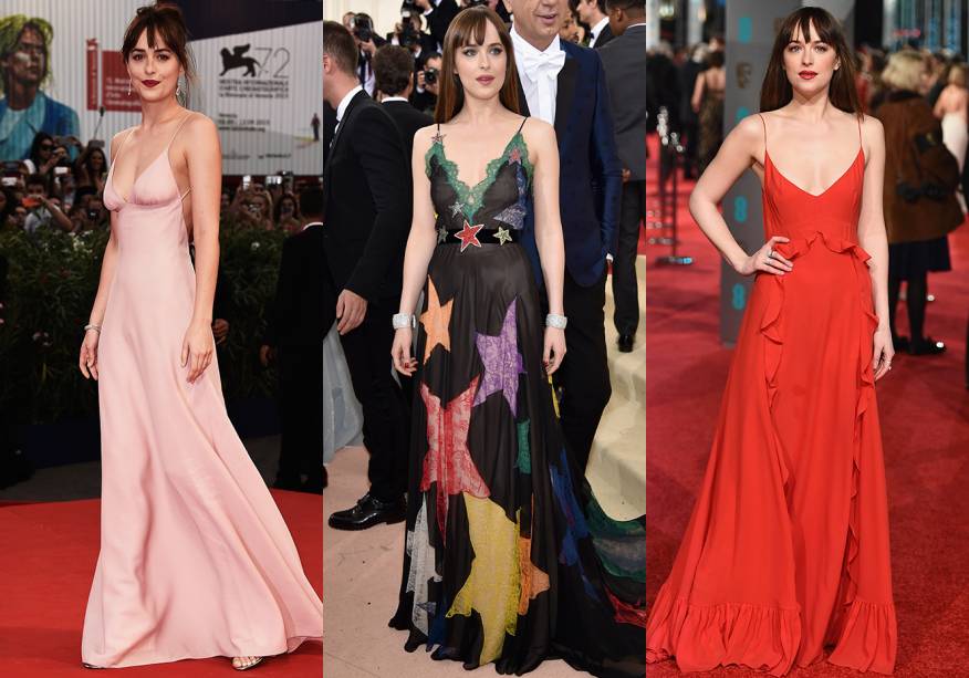 <strong>Dakota Johnson // alças fininhas </strong>- como ela tem pouco busto, não precisa de muita sustentação.