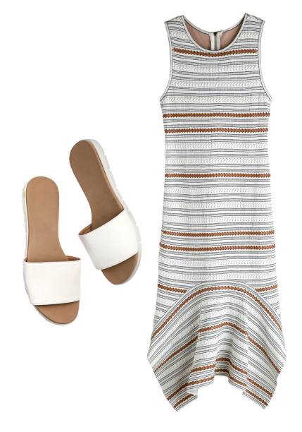 Vestido de tricô, <strong>Coven</strong>, R$ 3 068. Slides de couro, <strong>Passarela</strong>, R$ 70. Vestido de tricô, <strong>Coven</strong>, R$ 3 068. Slides de couro, <strong>Passarela</strong>, R$ 70.