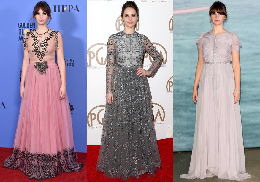 <strong>Felicity Jones // saia fluida e volumosa </strong>- dona de uma beleza delicada, a britânica curte vestidos <em>girlie</em>.