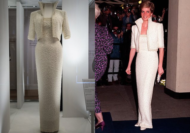 Vestido e bolero Catherine Walker incrustado de pérolas desfilado por Diana em 1989. Este look ficaria conhecido como "The Elvis Dress".