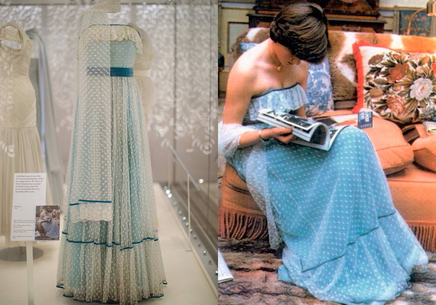 Vestido de poás da grife Regamus escolhido para o primeiro baile de Lady Di, em 1979, antes de seu noivado.