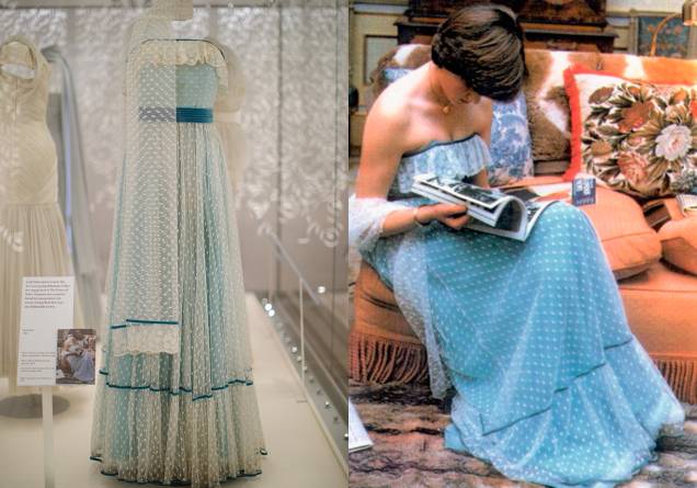 Vestido de poás da grife Regamus escolhido para o primeiro baile de Lady Di, em 1979, antes de seu noivado. Vestido de poás da grife Regamus escolhido para o primeiro baile de Lady Di, em 1979, antes de seu noivado.