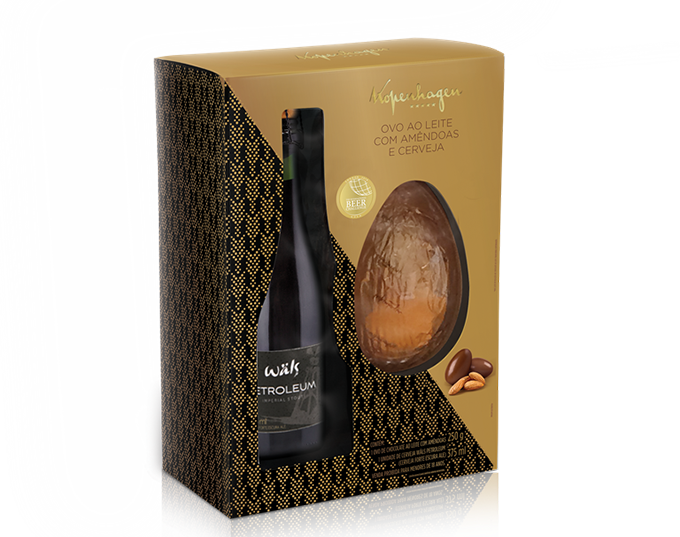 Harmonizado com cerveja. De chocolate ao leite com amêndoas e cerveja Wäls Petroleum. R$ 114,70 com 250g e cerveja de 375 ml, da <strong>Kopenhagen</strong> <a href="https://www.kopenhagen.com.br">www.kopenhagen.com.br</a>