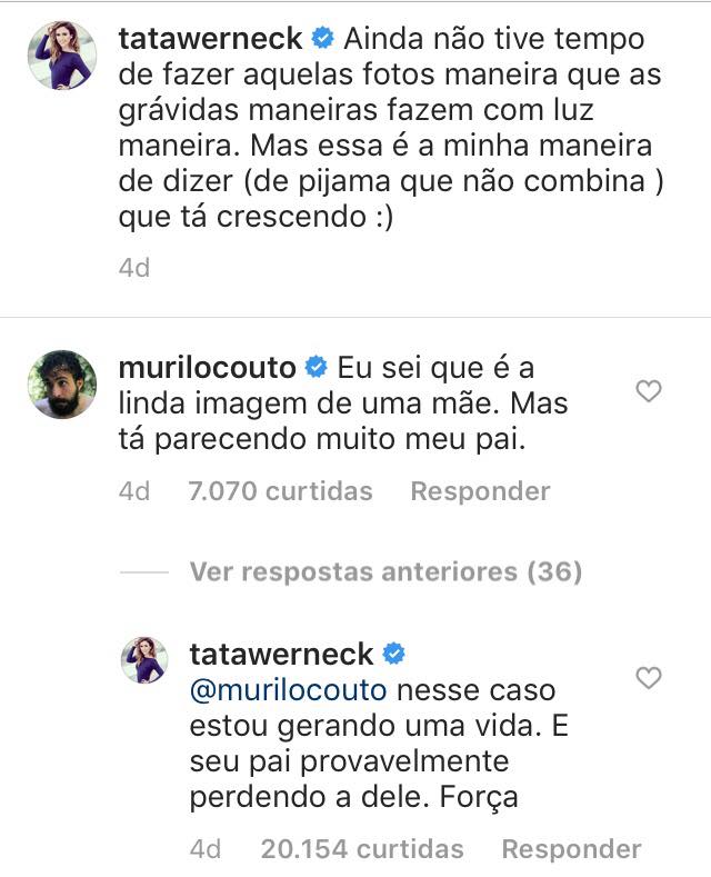 Comentários de Tatá Werneck e Murilo Couto em publicação dela no Instagram. Comentários de Tatá Werneck e Murilo Couto em publicação dela no Instagram.