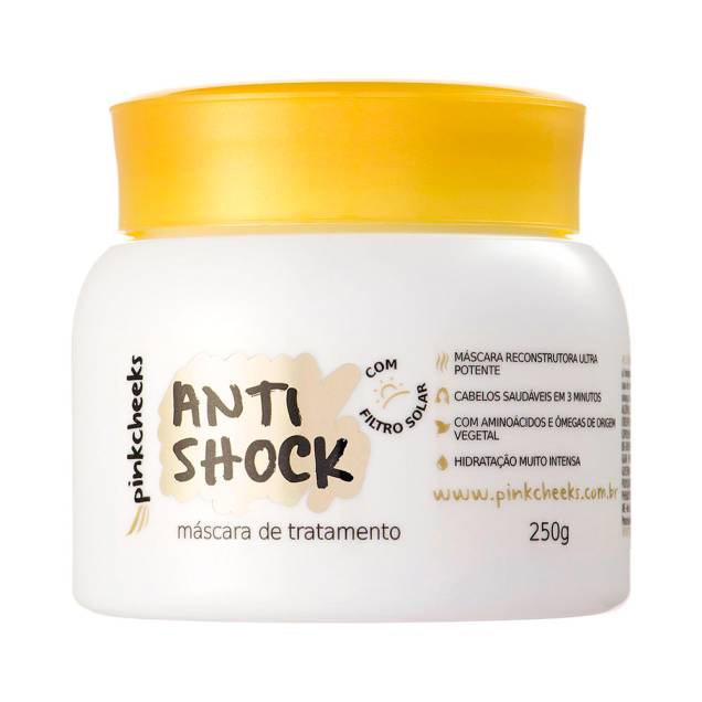 <b>Pink Cheeks</b> Anti Shock - Máscara de Tratamento 250g - <b>R$ 26,90</b> <b>Pink Cheeks</b> Anti Shock - Máscara de Tratamento 250g - <b>R$ 26,90</b>